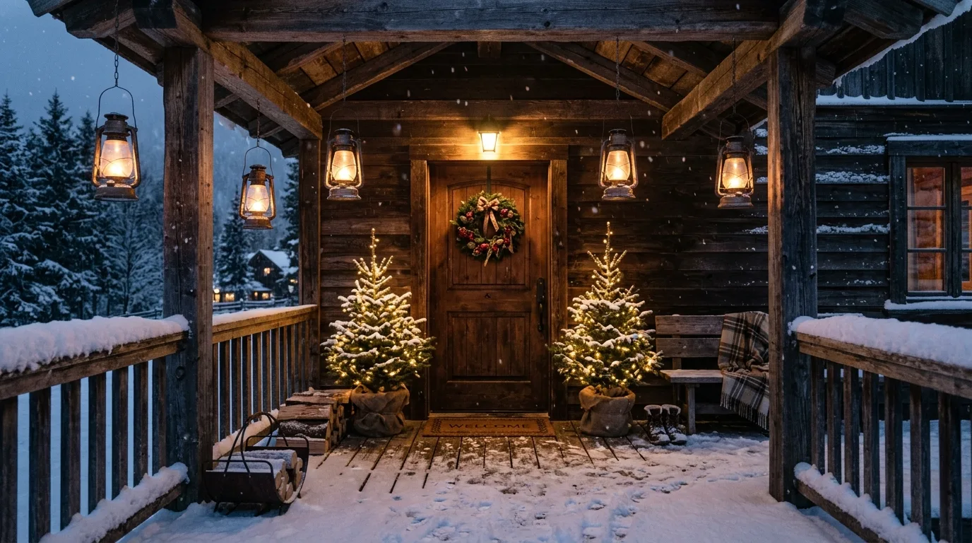 Rustic Wooden Porch With Lanterns and Potted Trees